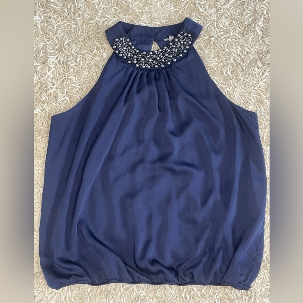 Vintage Navy Blue Stylish XL Charlotte Russe Y2K Satin Beaded Pearl halter Top